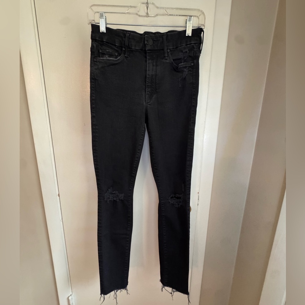 MOTHER Looker Ankle Fray Skinny Jeans Black Distressed 27 - Picture 2 of 11